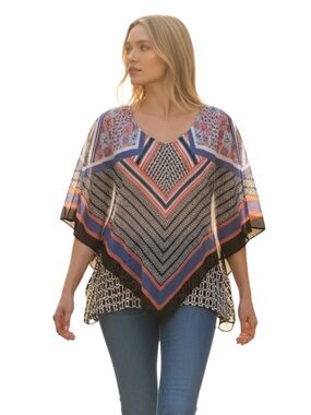 AB Studio V-Neck Chevron & Floral Print Poncho Top - Black, Blue, Orange